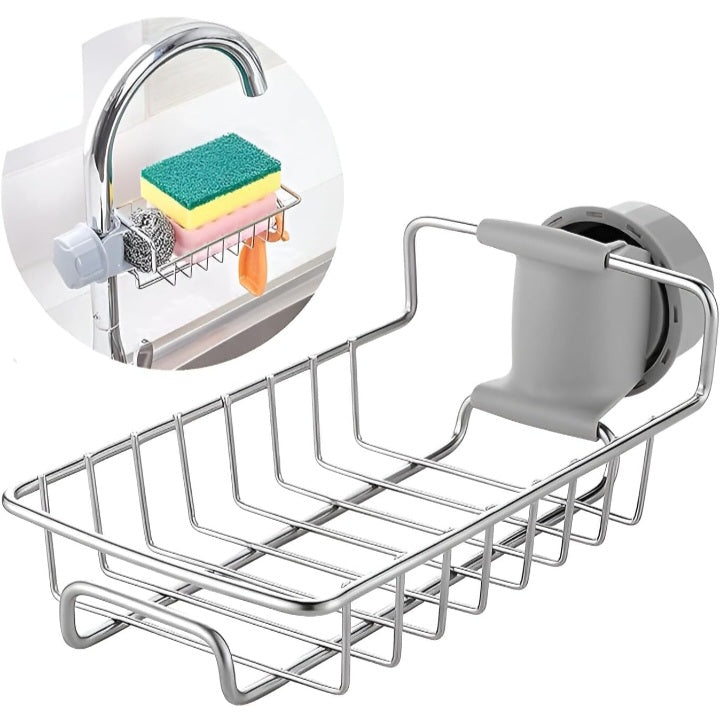 Stainless Steel Adjusting Multifunctional Over Kitchen Sink Caddy Clamp Faucet Sponge Scrubber Holder Storage Hanging Shelf Draining Bathroom Tap Shampoo Soap Organizer Rack (Pack of 1)