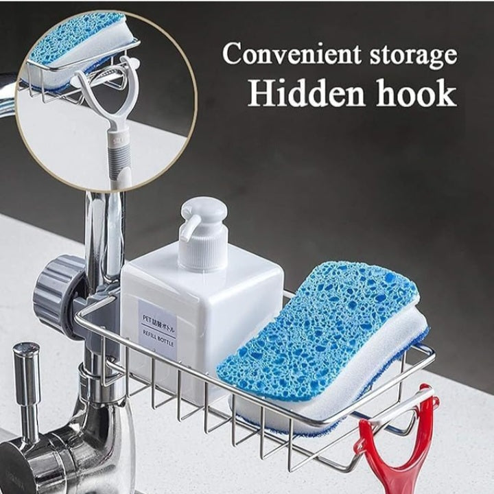 Stainless Steel Adjusting Multifunctional Over Kitchen Sink Caddy Clamp Faucet Sponge Scrubber Holder Storage Hanging Shelf Draining Bathroom Tap Shampoo Soap Organizer Rack (Pack of 1)