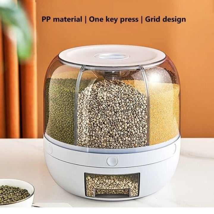 Grain Dispenser, Rotating Rice Dispenser Storage Container, 6-Compartment Dry Food Dispenser, Dried Fruit Food Storage Box, Food Storage Containers For Kitchen Small Grains, Beans, Rice, White