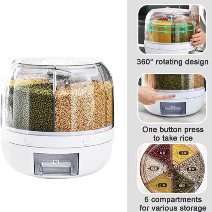 Grain Dispenser, Rotating Rice Dispenser Storage Container, 6-Compartment Dry Food Dispenser, Dried Fruit Food Storage Box, Food Storage Containers For Kitchen Small Grains, Beans, Rice, White