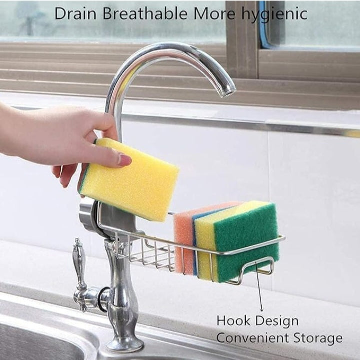 Stainless Steel Adjusting Multifunctional Over Kitchen Sink Caddy Clamp Faucet Sponge Scrubber Holder Storage Hanging Shelf Draining Bathroom Tap Shampoo Soap Organizer Rack (Pack of 1)