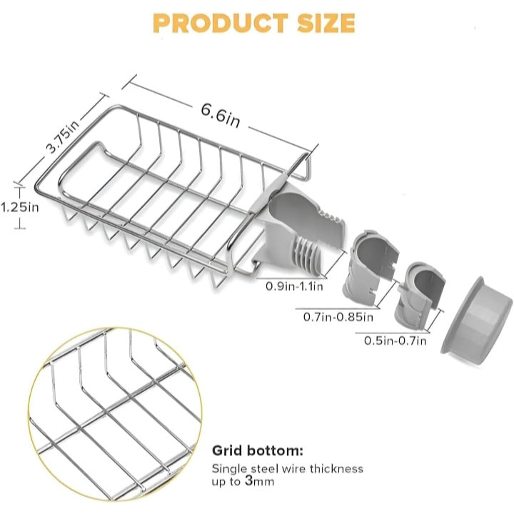 Stainless Steel Adjusting Multifunctional Over Kitchen Sink Caddy Clamp Faucet Sponge Scrubber Holder Storage Hanging Shelf Draining Bathroom Tap Shampoo Soap Organizer Rack (Pack of 1)