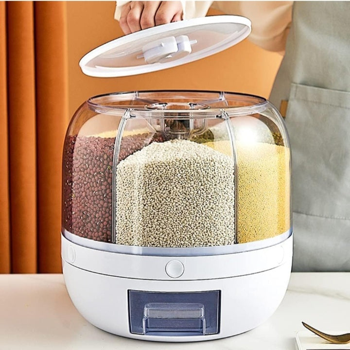 Grain Dispenser, Rotating Rice Dispenser Storage Container, 6-Compartment Dry Food Dispenser, Dried Fruit Food Storage Box, Food Storage Containers For Kitchen Small Grains, Beans, Rice, White