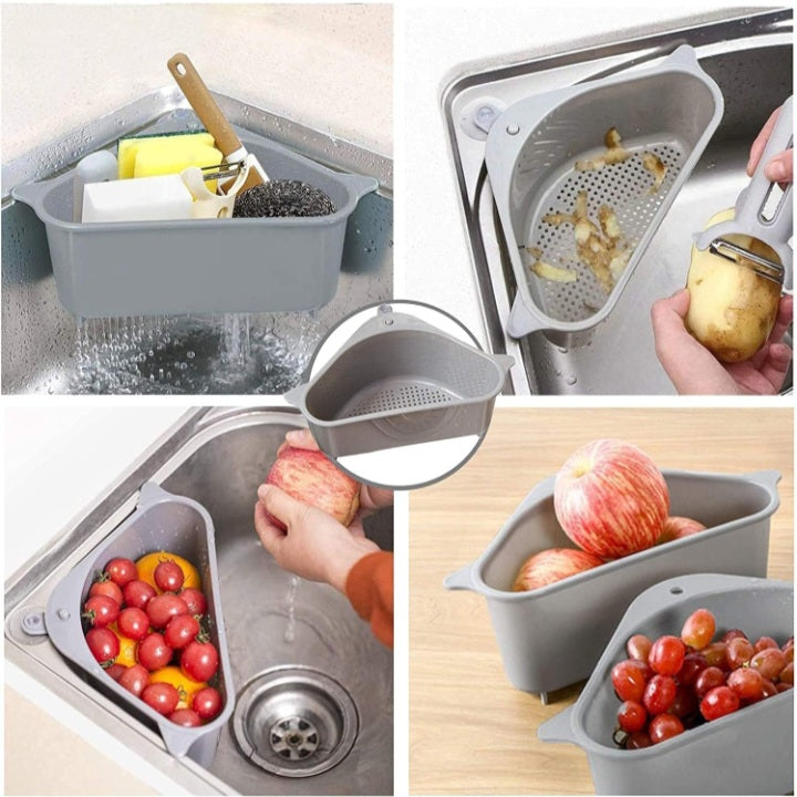 Sink Corner Strainer – Triangle Drainer Basket & Shelf Organizer for Kitchen | Multi-Use Fruit, Vegetable, Soap, Sponge Holder | Rust-Resistant Sink Shelf Corner Rack (Plastic)