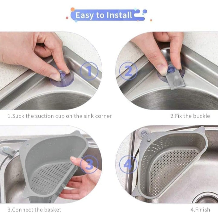Sink Corner Strainer – Triangle Drainer Basket & Shelf Organizer for Kitchen | Multi-Use Fruit, Vegetable, Soap, Sponge Holder | Rust-Resistant Sink Shelf Corner Rack (Plastic)