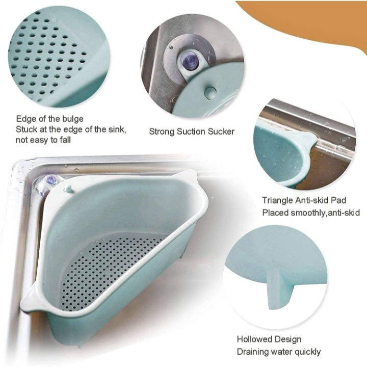 Sink Corner Strainer – Triangle Drainer Basket & Shelf Organizer for Kitchen | Multi-Use Fruit, Vegetable, Soap, Sponge Holder | Rust-Resistant Sink Shelf Corner Rack (Plastic)