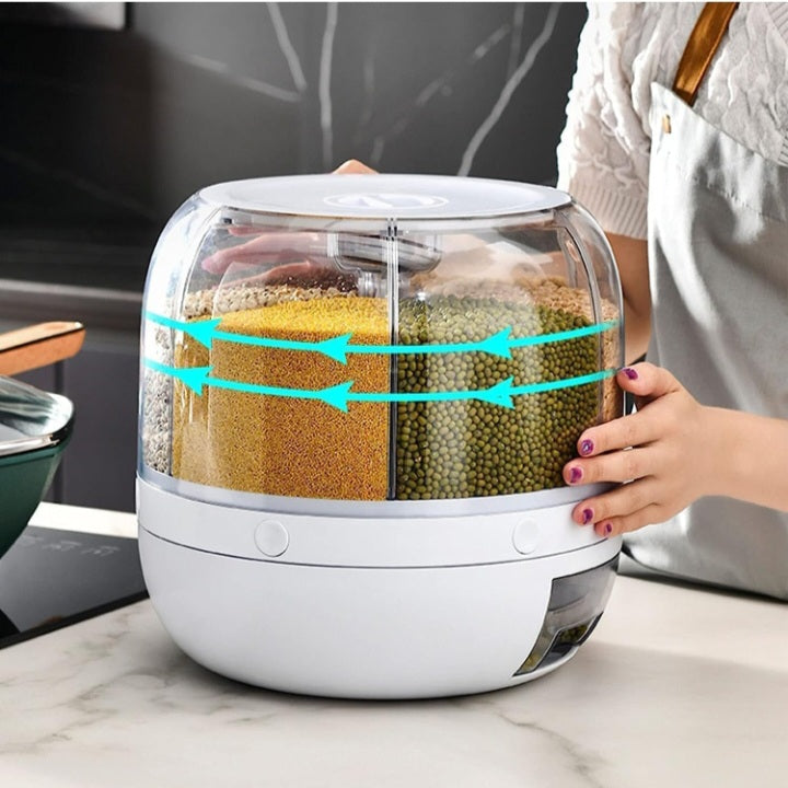 Grain Dispenser, Rotating Rice Dispenser Storage Container, 6-Compartment Dry Food Dispenser, Dried Fruit Food Storage Box, Food Storage Containers For Kitchen Small Grains, Beans, Rice, White