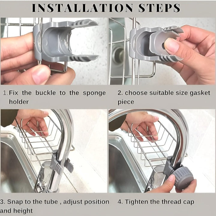 Stainless Steel Adjusting Multifunctional Over Kitchen Sink Caddy Clamp Faucet Sponge Scrubber Holder Storage Hanging Shelf Draining Bathroom Tap Shampoo Soap Organizer Rack (Pack of 1)