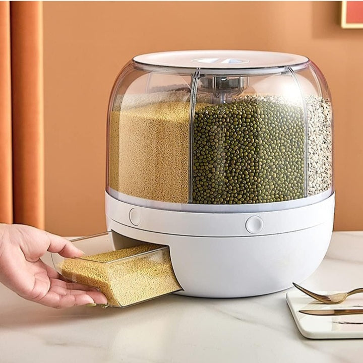 Grain Dispenser, Rotating Rice Dispenser Storage Container, 6-Compartment Dry Food Dispenser, Dried Fruit Food Storage Box, Food Storage Containers For Kitchen Small Grains, Beans, Rice, White