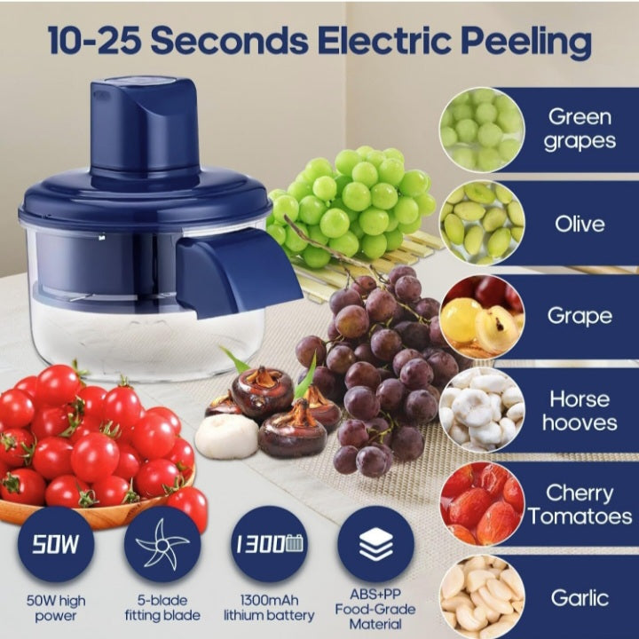 Multi-Functional peeling machine Electric Fruit & Vegetable Peeler Machine | 5-Blade Automatic Garlic Peeler | Rechargeable 50W Kitchen Peeling Tool for Grapes, Cherry Tomatoes, Garlic, Potatoes | Easy Clean Food-Grade ABS