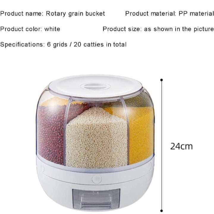 Grain Dispenser, Rotating Rice Dispenser Storage Container, 6-Compartment Dry Food Dispenser, Dried Fruit Food Storage Box, Food Storage Containers For Kitchen Small Grains, Beans, Rice, White